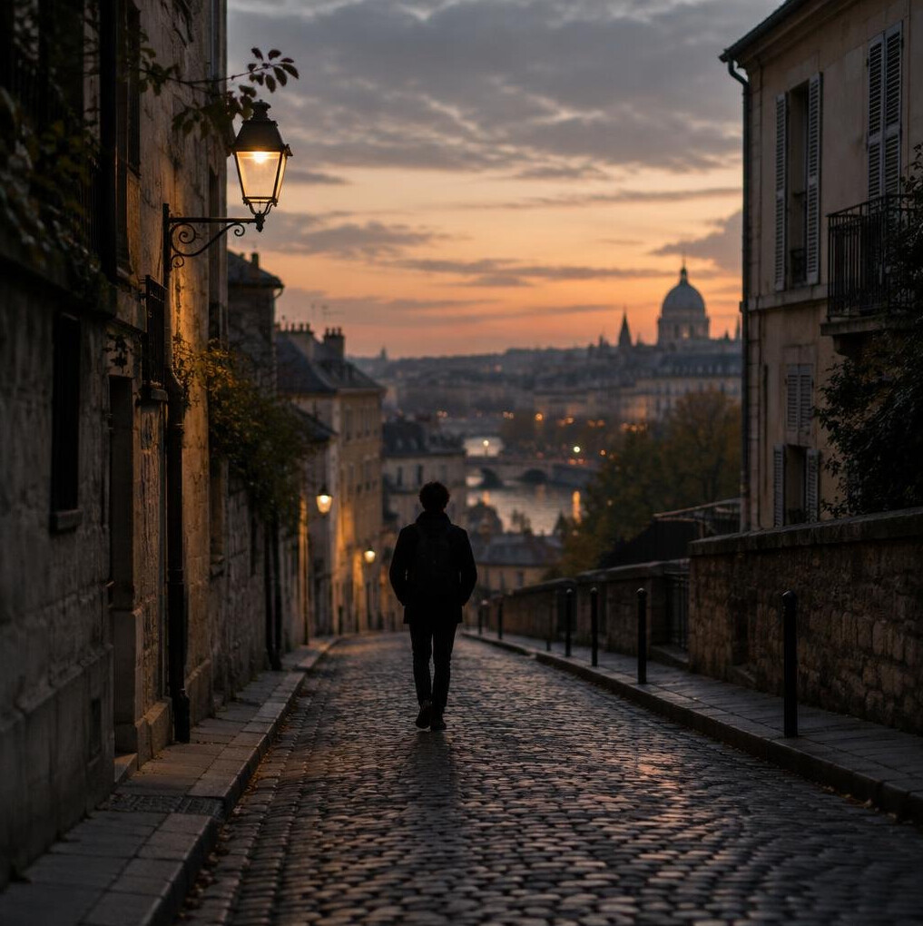 Silhouette of a person walking alone down an empty street at dusk