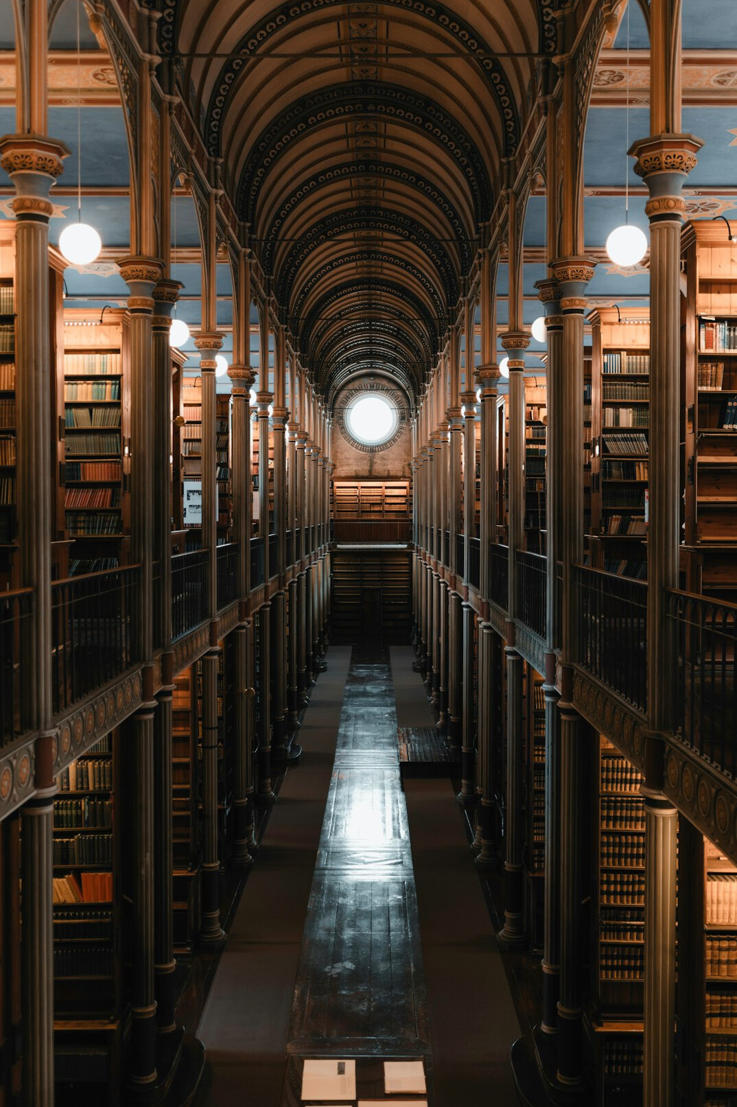 Grand old library interior with tall bookshelves and soft light